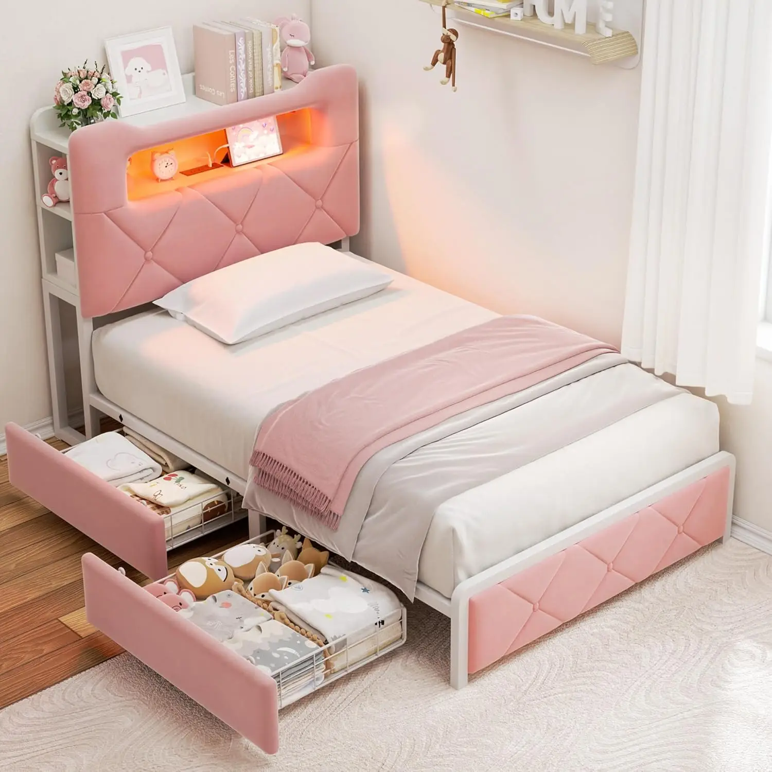 

Upholstered LED Bed Frame with 2 Storage Drawers and 2-Tier Storage Bookcase Headboard, Velvet Princess Platform Bed for Kids/Gi