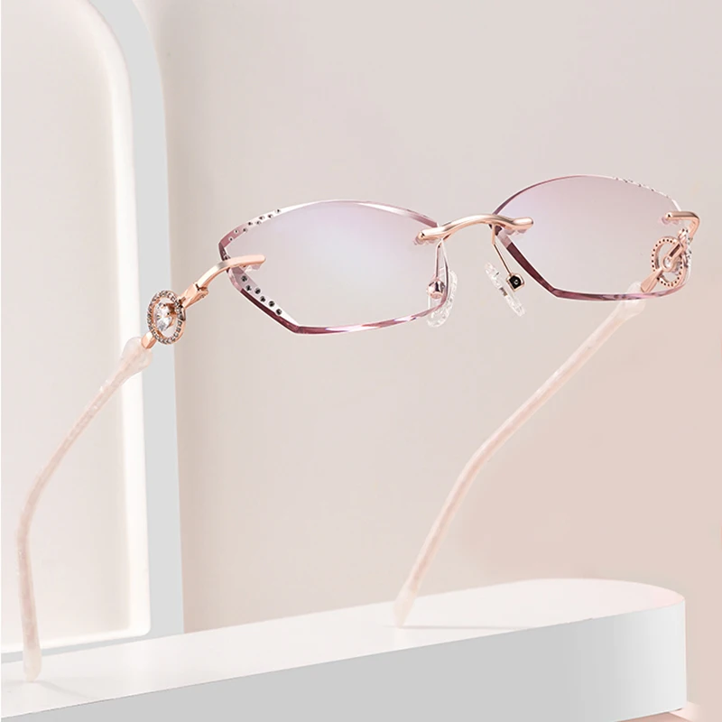 POVICH Luxurious Women Optics Glasses Rimless Eyewear Ornament Gradient Colored Lens Diamond Myopia Hyperopia Anti Reflective