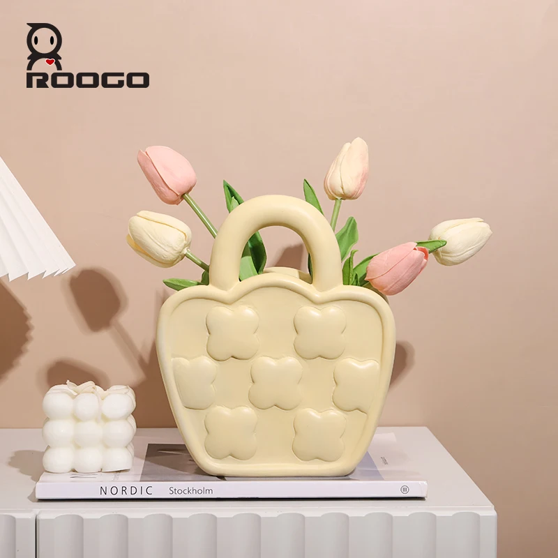 ROOGO Nordic Style Vase Creative Handbag Shape Vase Decoration Home Resin Flowers Vase for Living Room Bedroom Office