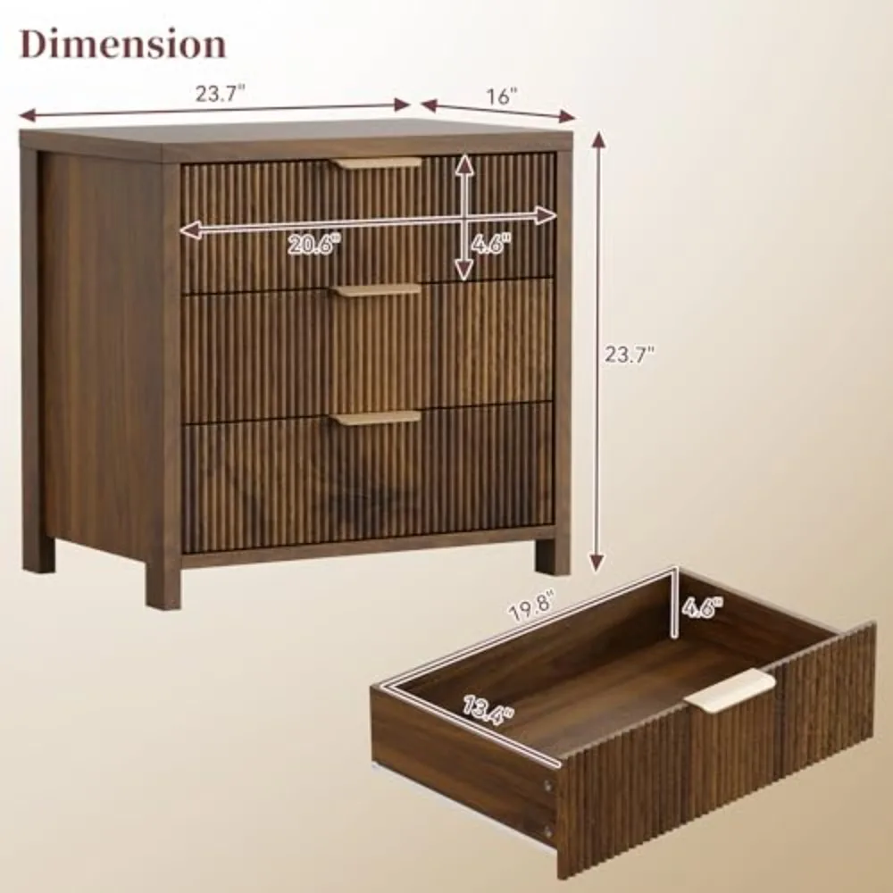 Fluted Nightstand, 23.7'' Wide Night Stand with 3 Drawers, Mid-Century Modern Bedside Table with Handles, Wood End