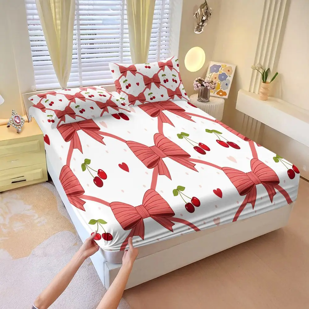 Bowknot Cherry Print Fitted Sheet Set Bed Sheet Set Digital Printed Bedding Soft Elastic Fabric for Bedroom Home Decor