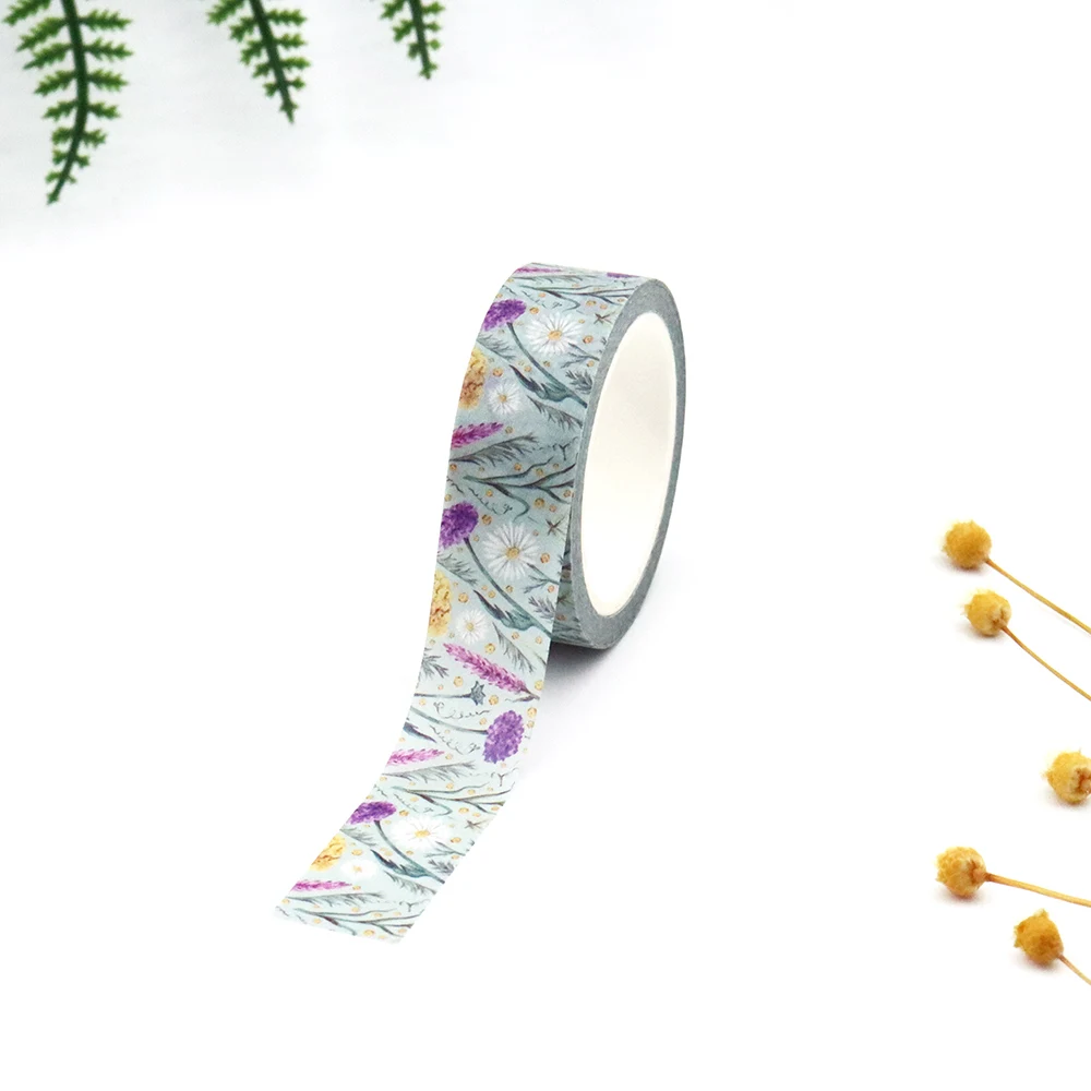 1PC 15mm x 10m Watercolor seamless wild flowers chamomile Floral Scrapbook Paper Masking Adhesive stationery Washi Tape sticker