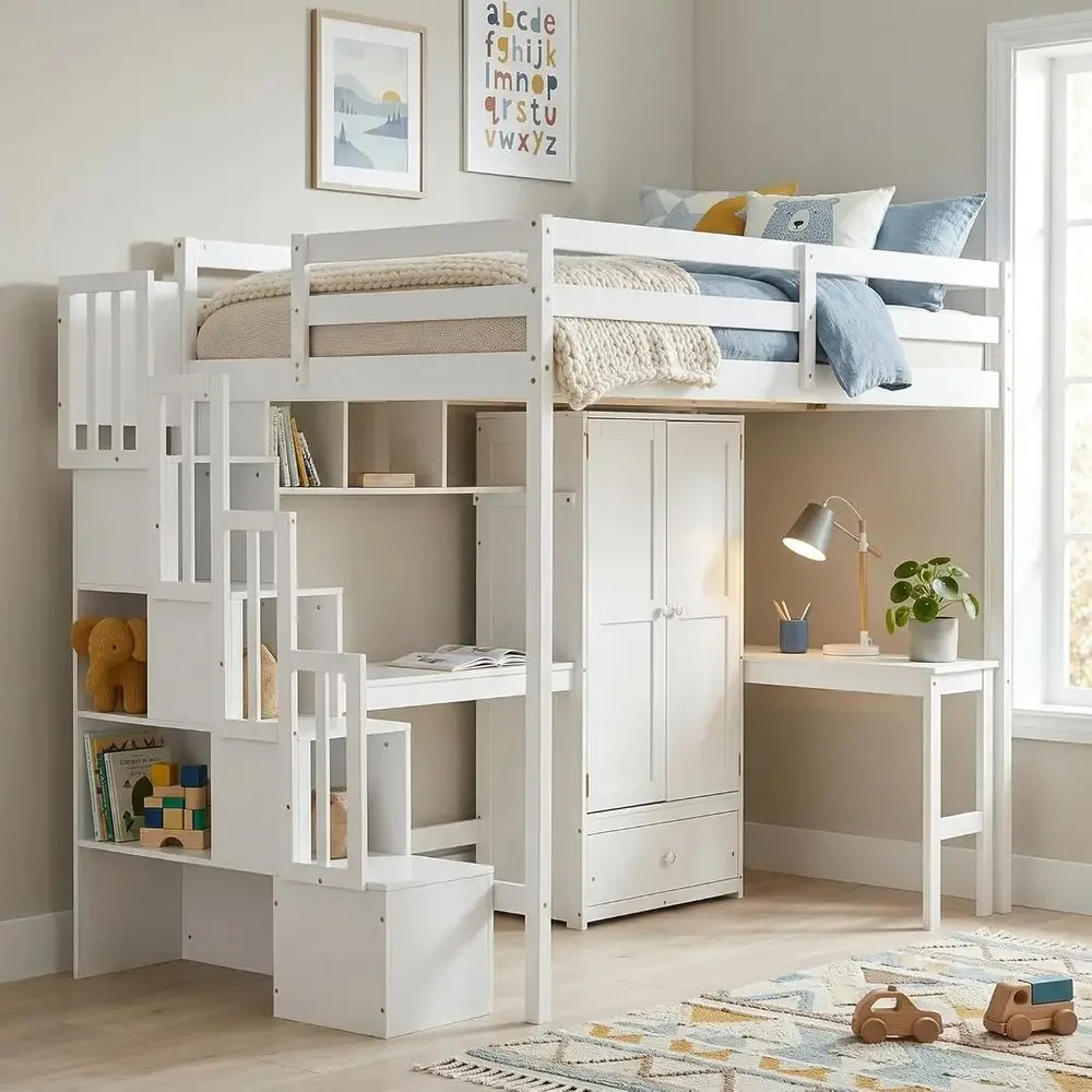 All-in-One Wooden Loft Bed with Desk and Wardrobe, 400lbs Capacity, Space-Saving Study and Sleep Solution, White