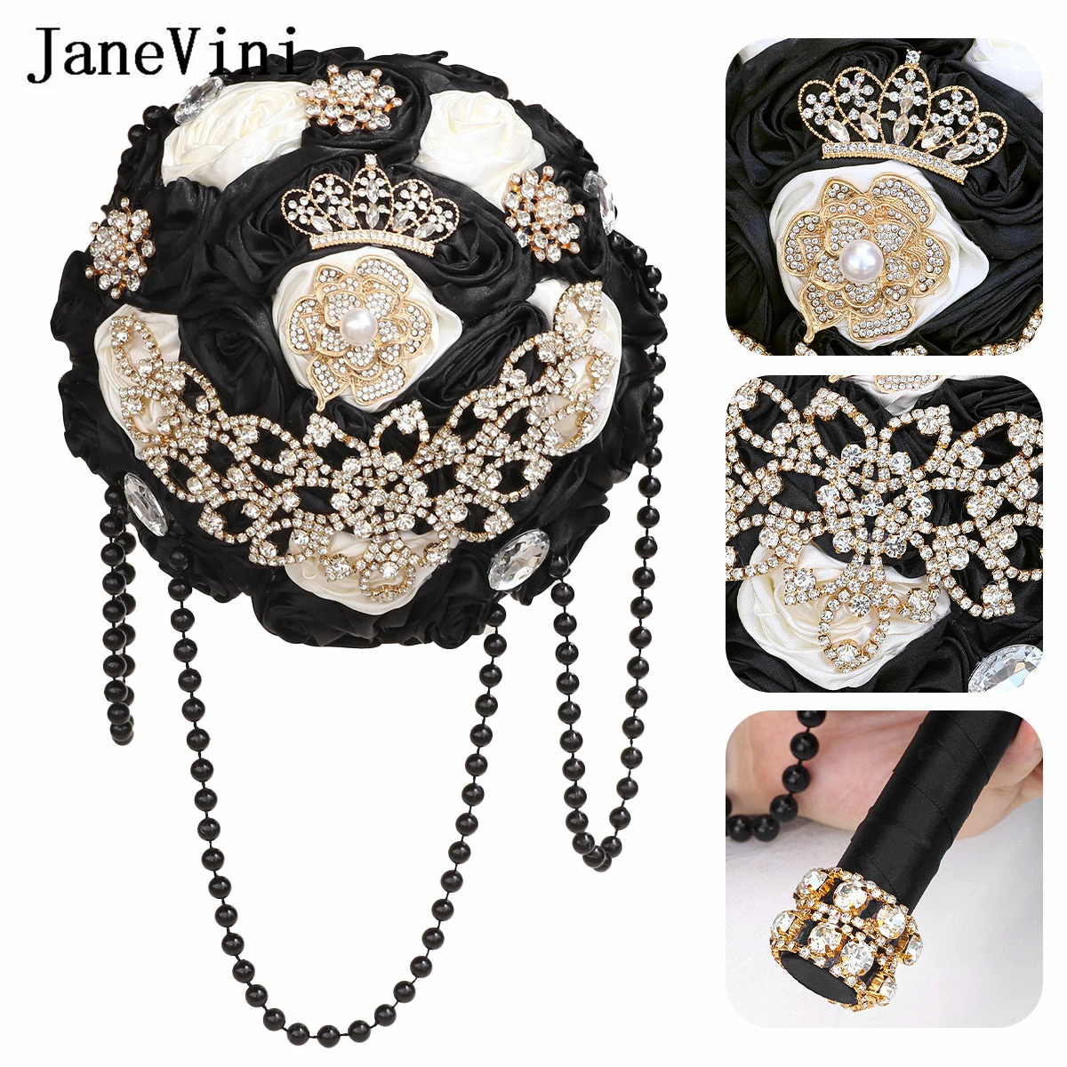 

JaneVini Gothic Black Ivory Bridal Bouquet Crystals Rhinestones Pearl Tassel Wedding Flowers Bride Bouquet Weddings Accessories