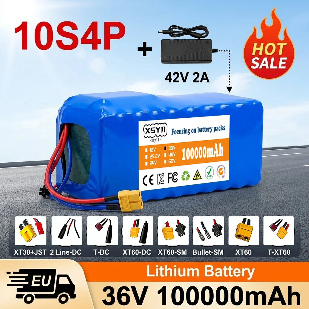 10S4P 36V 100Ah 18650 High-Capacity Power 42V 500W Lithium Battery Pack for Electric Car Bicycle Scooter Belt BMS