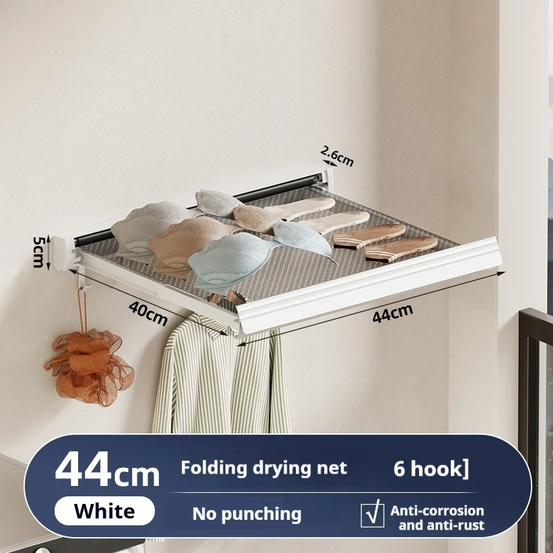 

Folding Clothes Drying Net Punch-free Retractable Load-bearing 10kg Balcony Bathroom Bedroom Storage Rack With Hooks