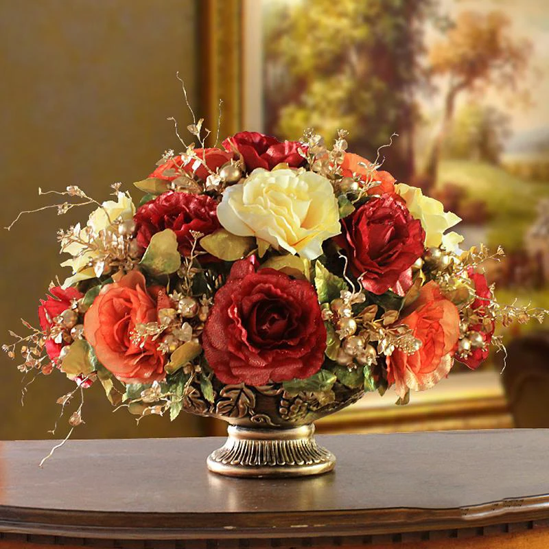 Imagem -05 - Europeu Vaso de Cerâmica Mais Conjunto de Flores Artificiais Ornamentos em Casa Sala de Estar Mesa de Café Figurinhas Falsas de Seda Artesanato Decoração