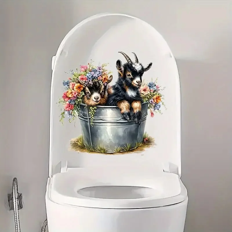 

Cute Little Goat in the Flowers Self-Adhesive Toilet Stickers,Wall Decal Removable, Reusable Vinyl Car Sticker for Toilet Lid,