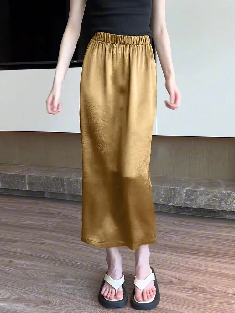 

Летняя тонкая юбка-миди А-силуэта для женщин, с высокой талией, из атласной ткани, с цветочной вышивкой, с разрезом, в корейском стиле, для повседневной носки