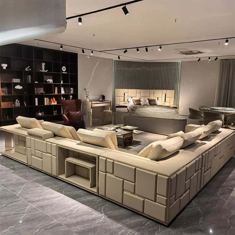 &Italian High End Living Room Sofa Set Furniture Premium Sectional l Shape Leather Luxury Sofa Set for Villa