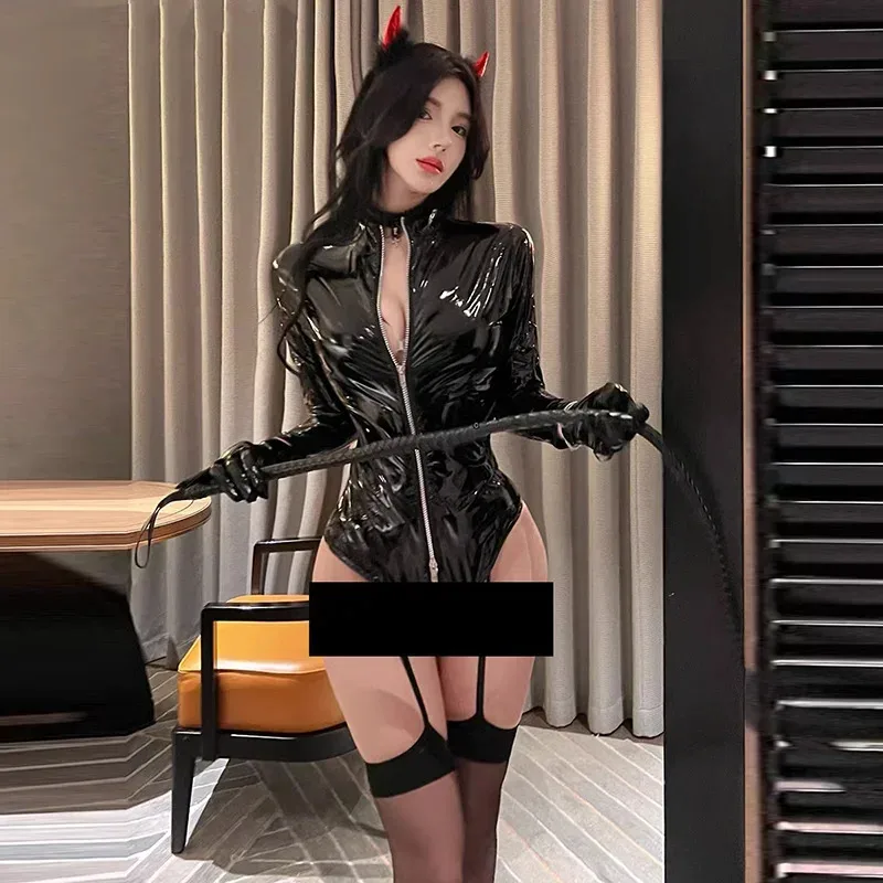 

Women Sexy Bodycon Pu Faux Leather Dark Queen Uniform Club Party Slim Package Hip Little Devil Latex Mini Dress Female Clothing