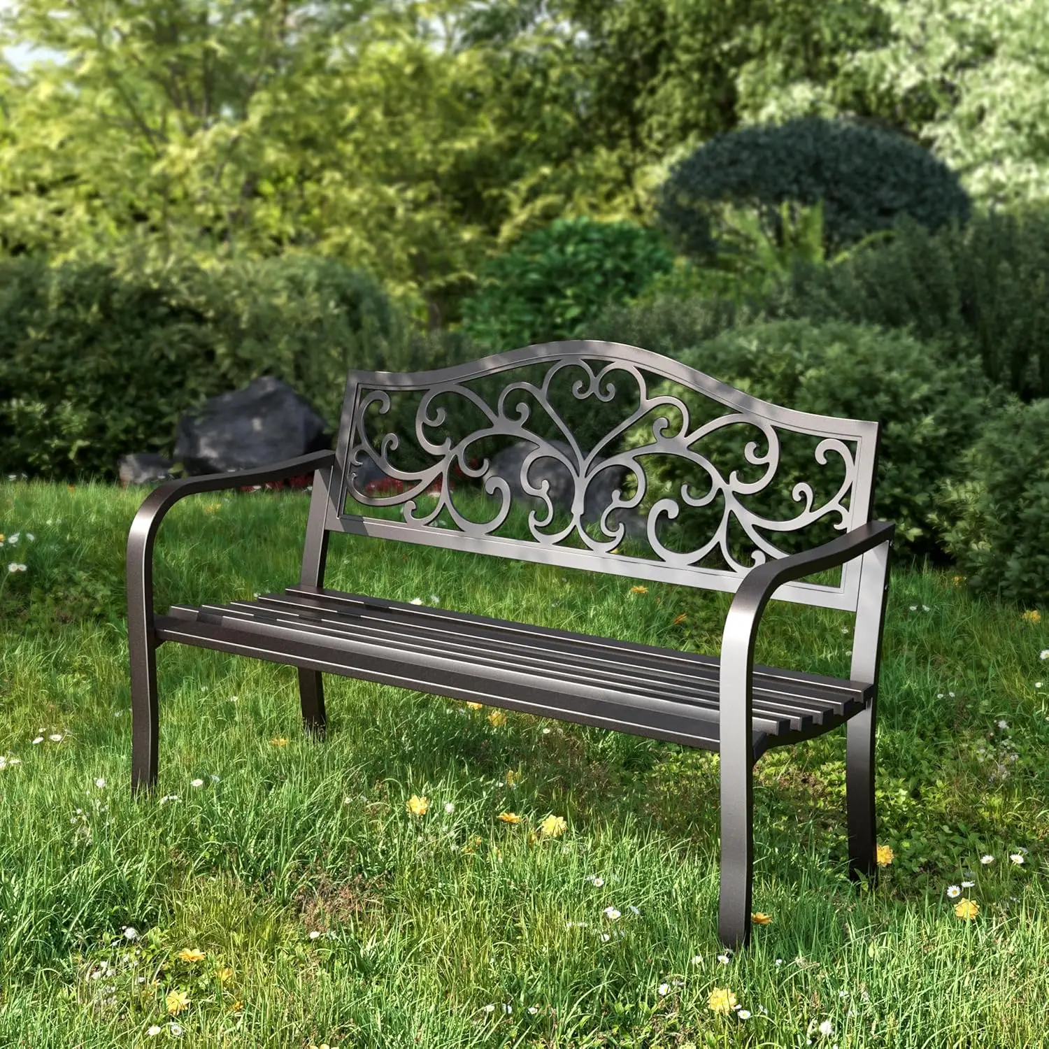 

43 Inch Cast Iron Steel Frame Outdoor Garden Bench, Patio Furniture Chair Bench w/Floral Design Backrest, Slatted, Customized