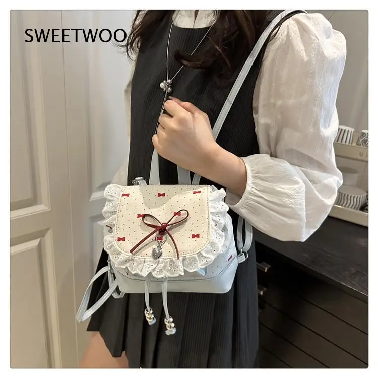 Sweet Lace Ruffle Bow Mini Backpack Heart Pendant Dot Bow Print Drawstring Preppy Style Adjustable Strap Daily Travel Rucksack