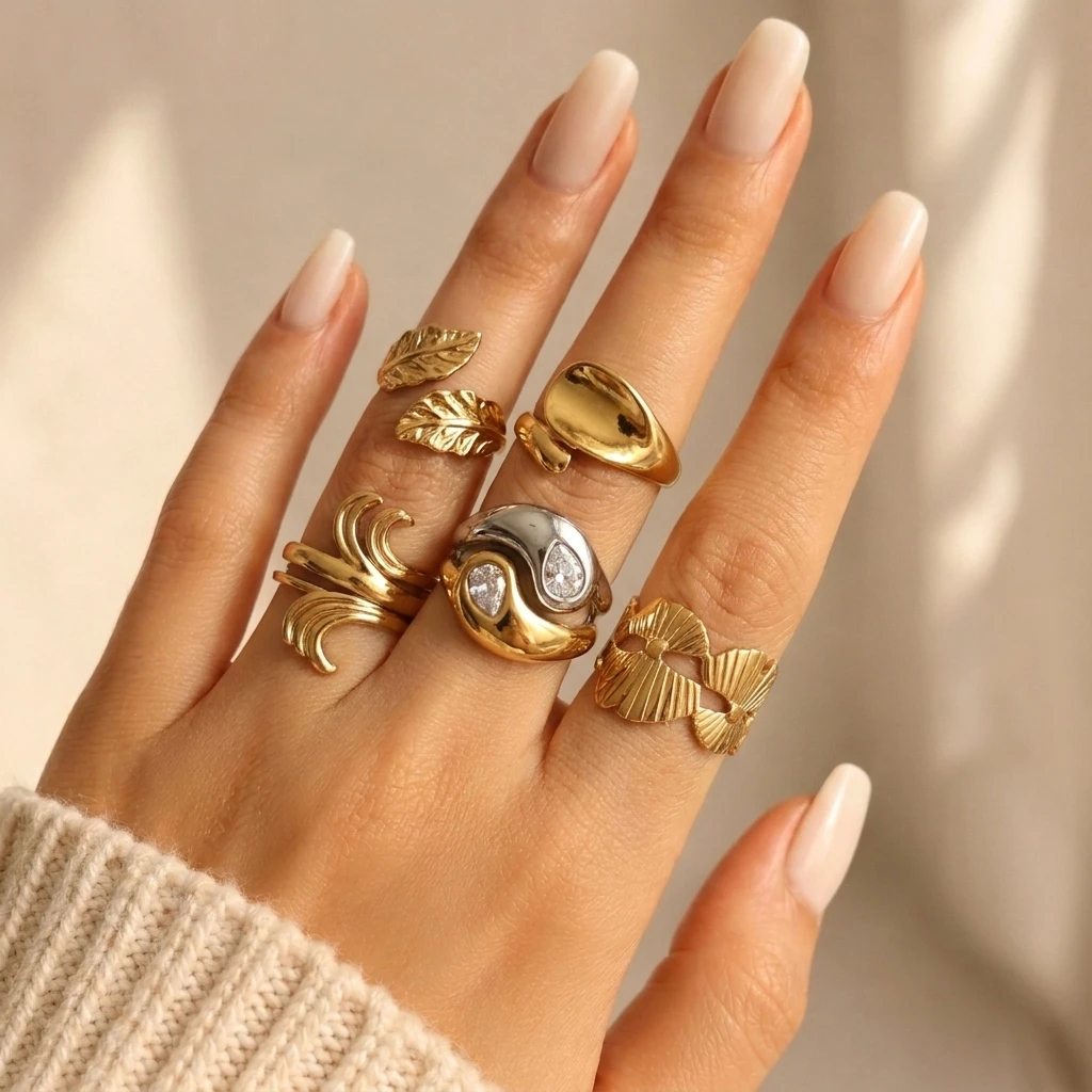 Retro Yin-Yang Edelstahlring für Frauen, vergoldet, mit Blatt- und Schleifendesign, Kristall-Zirkon, stapelbare Fingerringe, Alltagsschmuck für Partys.