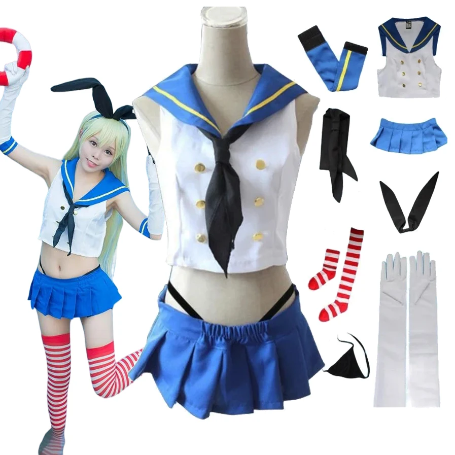 Shimakaze Cosplay Anime Kantai Collection Shimakaze Cosplay Costume Girls Summer JK Uniform Sailor Dress Suit Halloween Party