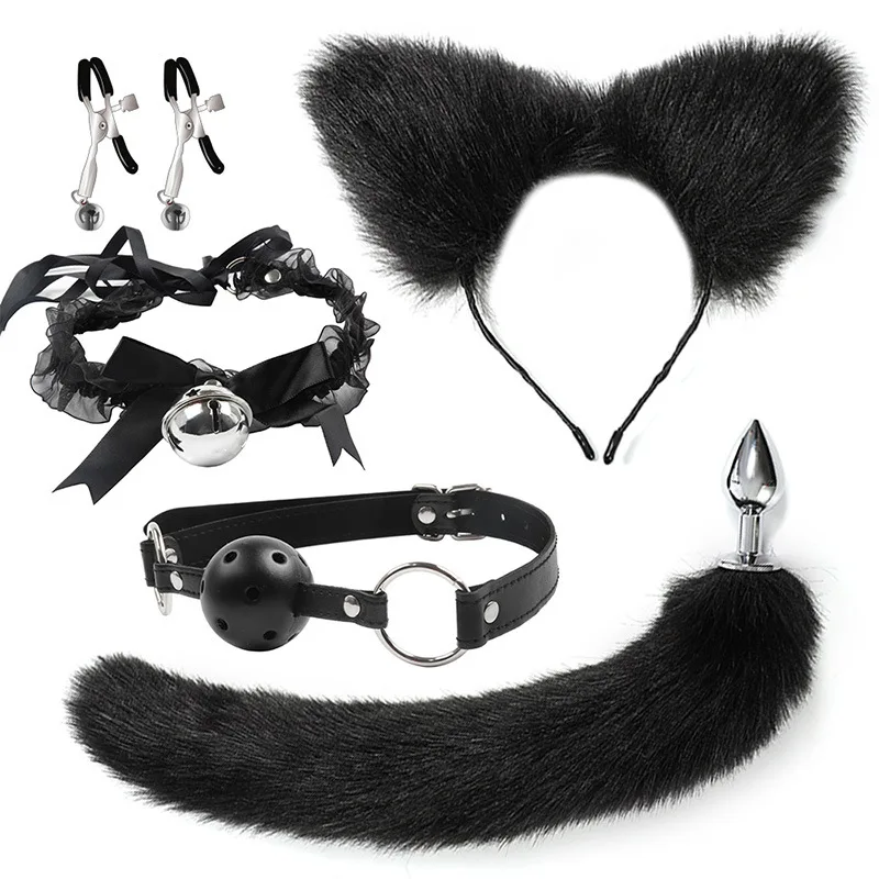 VaHppy SM BDSM ensembles de jouets sexuels jeu de rôle Fox 5 pièces/lot peluche Plug Anal queue cloche collier bouchons buccaux blanc/noir/rose jeux de Couple