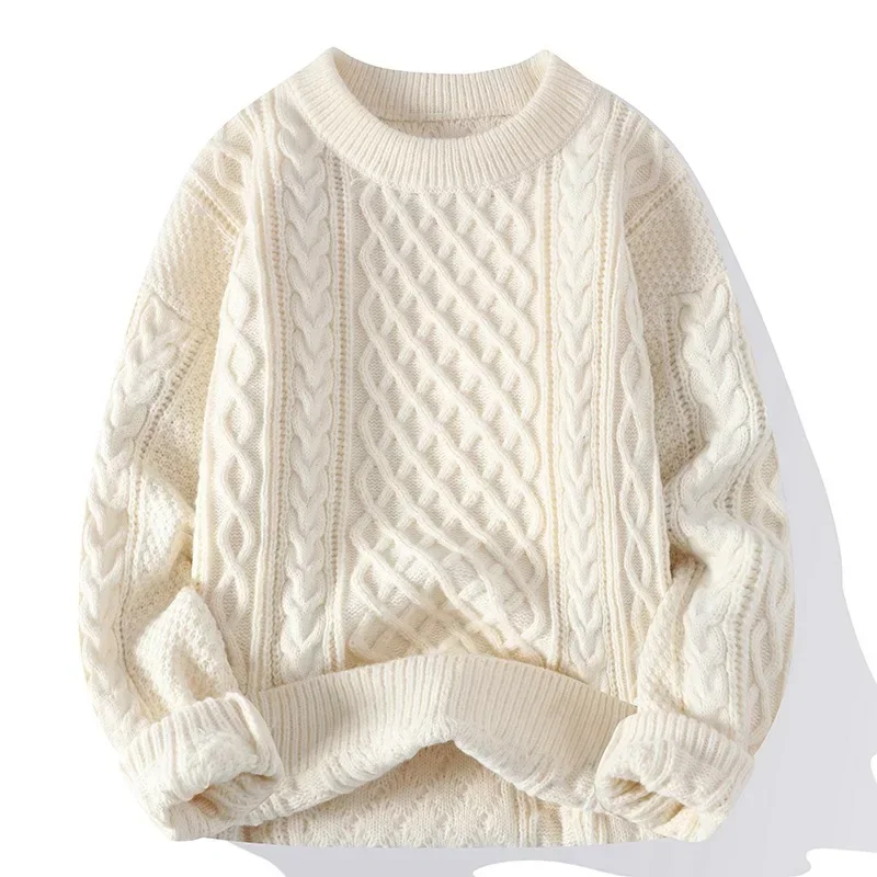 

New Autumn/winter Men's Cable Knit Sweater Casual Versatile Lightweight Warm Solid Color Knitted Top Round Neck Pullover