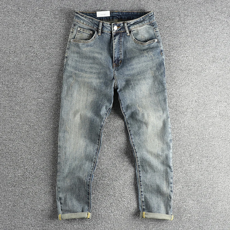 

New Premium American Retro INS Trendy Nine Points Jeans Men Slim Fit Casual Pants Cotton Elastic Denim Summer Breathable