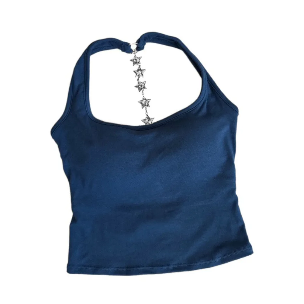 

Star Strap Back Hollow Crop Tops With Chest Pads Solid Color Slim Y2k Crop Top Spicy Girl Style Streetwear