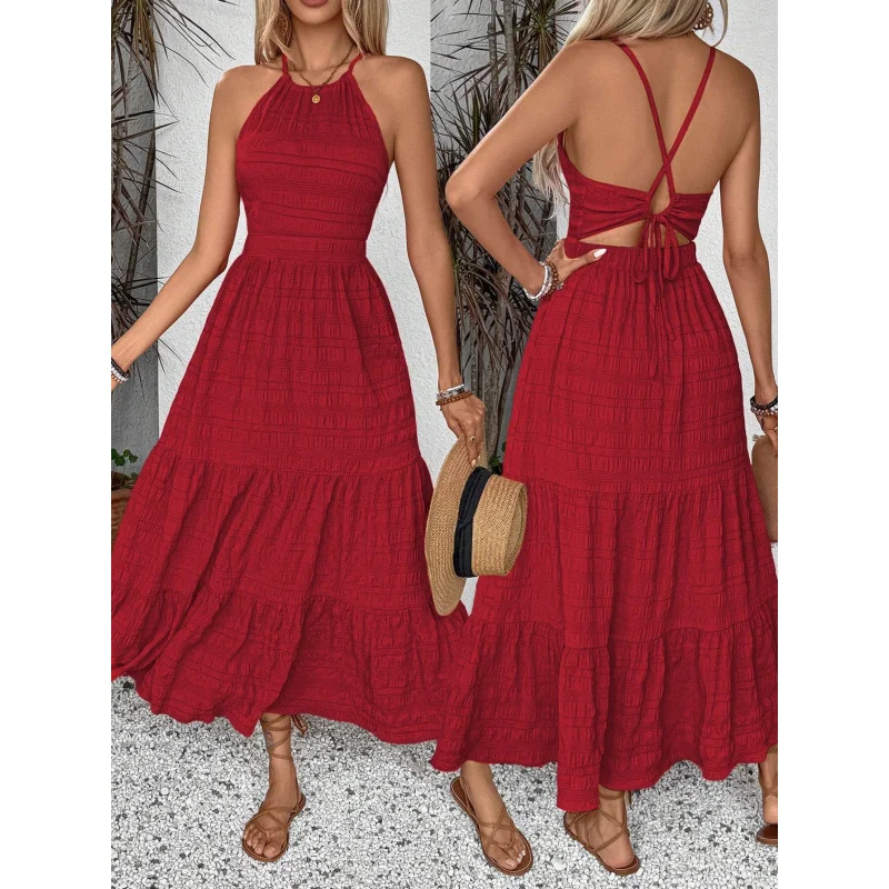 

2025sheinIndependent Station Women's Retro Red Halter Dress Summer High Waist Backless Long Dress