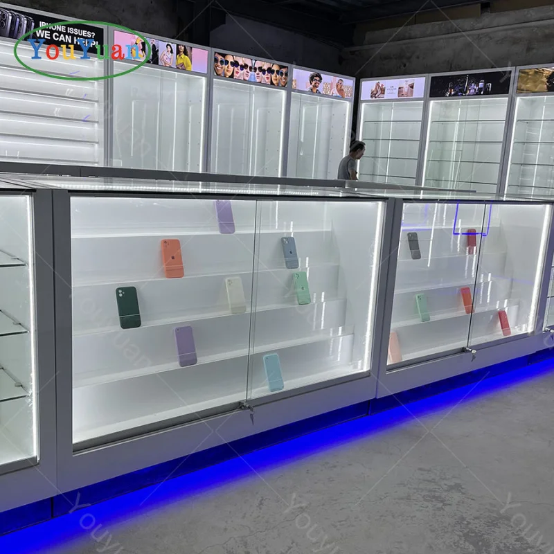 (customized)Locked Retail Display Cases Mobile Phone Shop Glass Showcase With  Customized Cashier counter