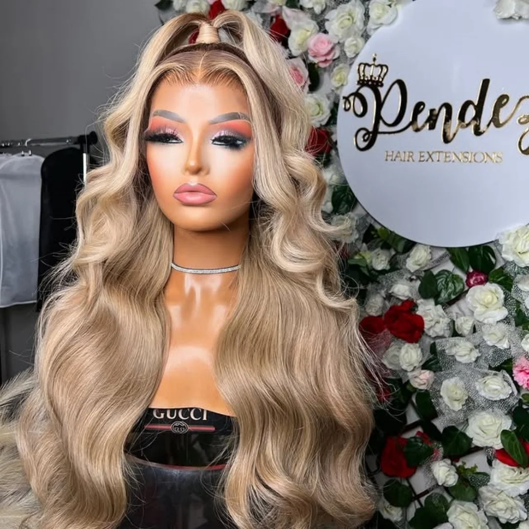 Dark Root Ash Blonde 13x4 Hd Lace Frontal Wig Synthetic Ombre Blonde Lace Front Wigs Long Body Wave For Women Wedding Party