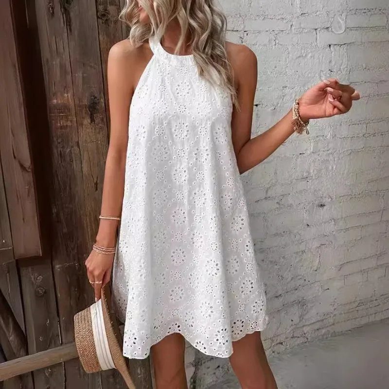 

2025 Summer Solid Lace Crochet Sleeveless Vest Dress Women Halter Button Hollow Out Casual Elegant Vacation Street Beach Dresses