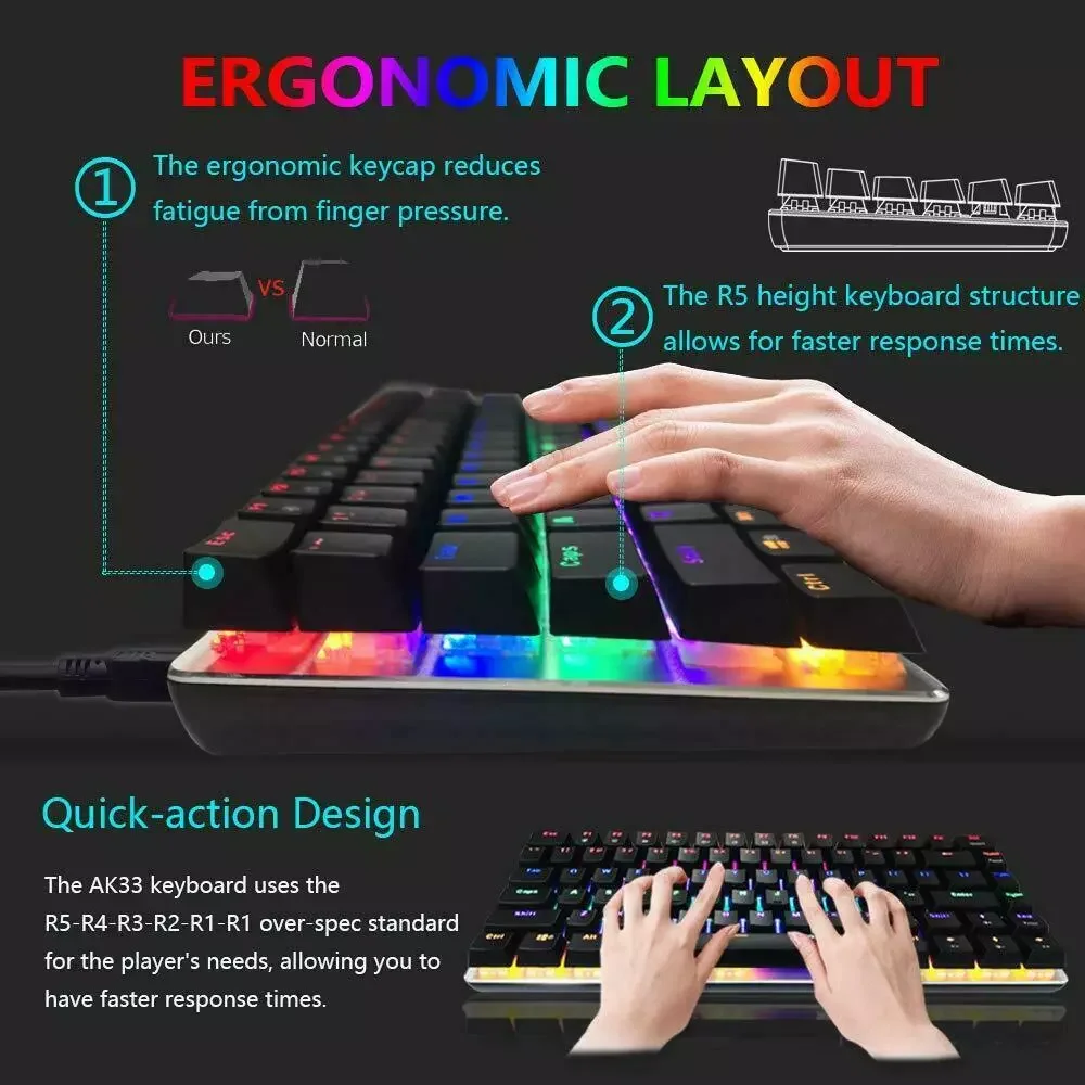 AK33 Gaming Keyboard and Mouse Combo, 82 Key Backlight Mechanical Gaming Keyboard,65G Lightweight Honeycomb Mouse