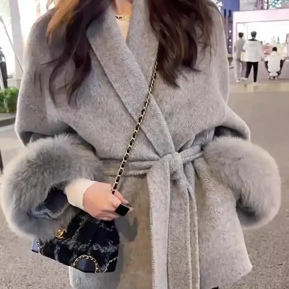 

Women's NEW High End Double-sided Wool Strapping Removable Cuffs Fox Fur Temperament Cashmere Short Jacket Real Wool Fur Coat