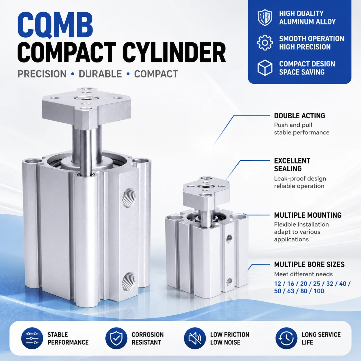 CQMB 12 16 20 25 32 40 50 63mm Guided Compact Pneumatic Cylinder Double Acting Air Cylinder Guide Rod Actuator 5-100mm stroke