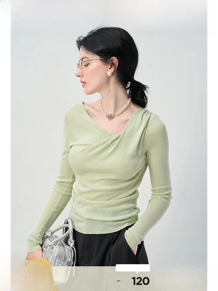 

Slim Fit Knitted Top for plus Size Women Spring Season Casual Style Long Sleeve Folded Design Base Layer Shirt Trendy plus Size