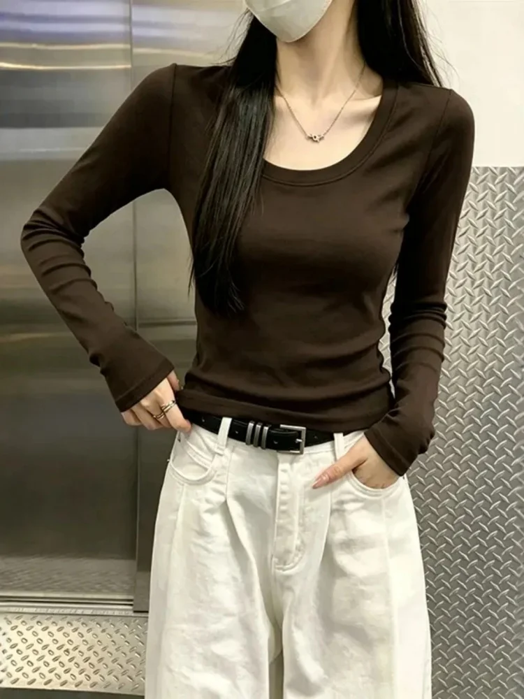 Caramel Colored Simple round Neck Long Sleeve T-Shirt Women's 2026 Autumn New plus Size Slim Fit Base Shirt Top