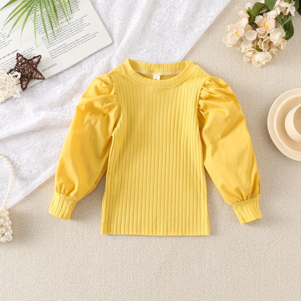 2024 Spring Autumn T-shirt Girls Versatile Long Sleeved Shirt Spring and Autumn New Fashionable Pure Color T-shirt Top