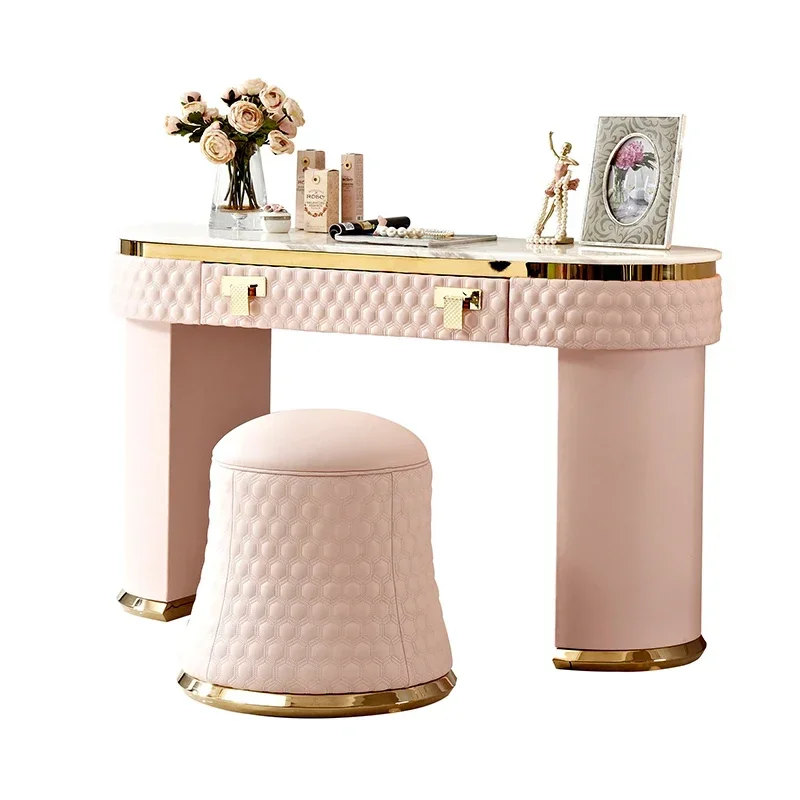 

Modern Luxury Bedroom Furniture Pink Leather Cover Marble Top Dresser Stainless Steel Dressing Table Set