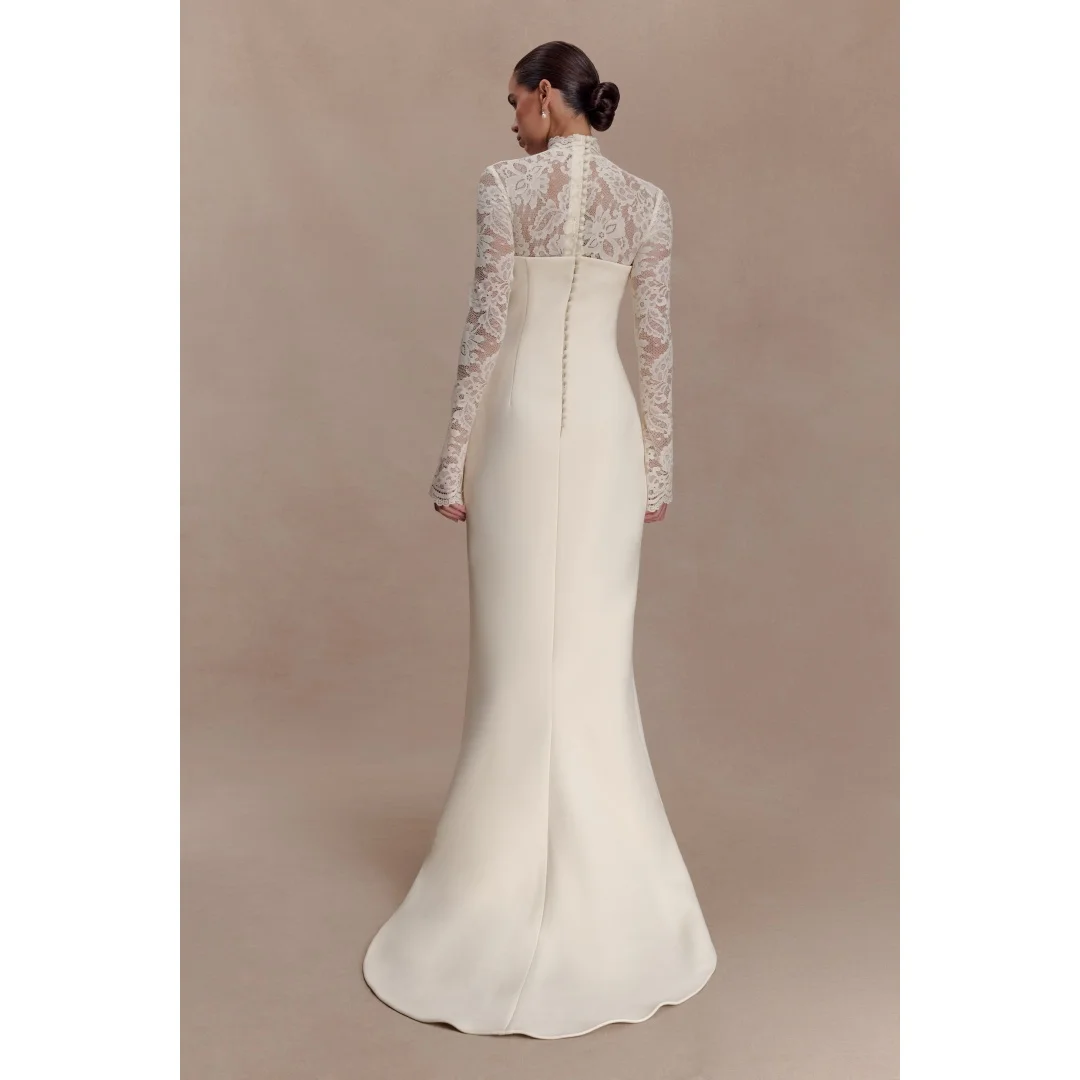 2026 Customized Wedding Dress Keyhole Neck Lace Sleeve Crepe Sheath Wedding Gown Vestidos De Novia Вечерние платья שמלות ערב