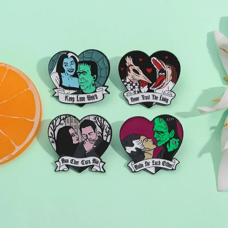 Lovers Ghost Bride Heart Brooch Enamel Pin Custom Horror Movies Characters Brooch Lapel Badge Punk Jewelry Gift for Loves Friend