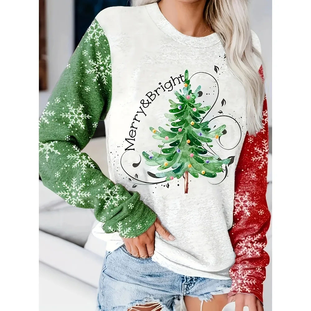 Plus Size Merry and Bright Christmas Tree T-Shirt for Women Cozy Holiday Style Perfect for Winter Celebrations Y2K Streetwear
