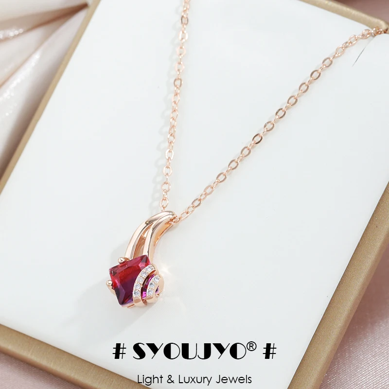 SYOUJYO Trendy Square Garnet Red Natural Zircon Necklace for Women 585 Rose Gold Color Pendant Necklace Crystal Flower