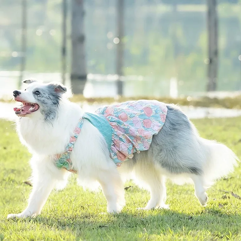 

Spring Summer Suspender Bowknot Dress for Media Big Dogs Pet Floral Shirt for Husky Labrador Golden Retriever Border Collie