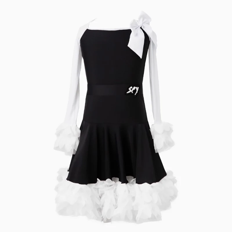 بدلة قطعة واحدة بأكمام طويلة شبكية للرقص اللاتيني للفتيات الصغيرات وتنورة متوهجة من الدانتيل، أزياء رومبا للتدريب في قاعة الرقص