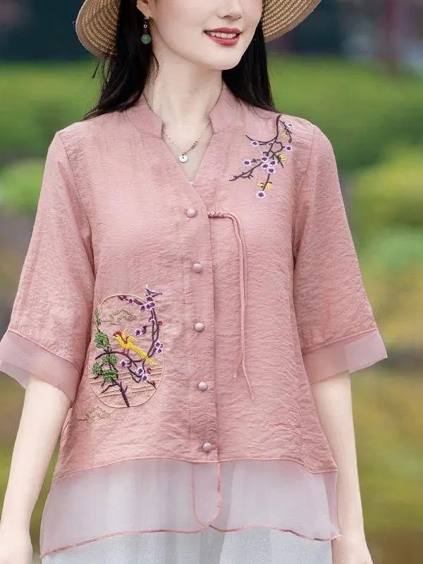 camisa-de-algodao-e-linho-bordada-com-caimento-solto-estilo-vintage-manga-curta-com-bolso-e-lenco-–-blusa-elegante-de-verao-–