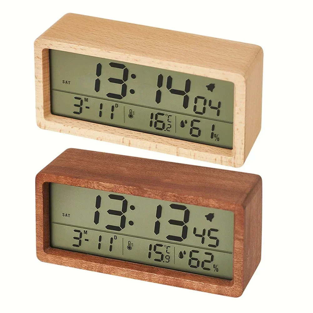 Wooden Digital Alarm Clock Time Date Temperature Humidity Measurement Large Screen Alarm Clock For Bedroom Study Home Decoration