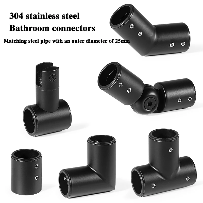 

Bathroom Partition Connector 304 Black Stainless Steel 25mm Round Pipe Elbow Flange Seat Joint Glass Door Tee Clamp