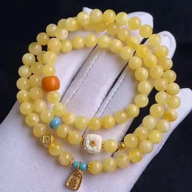 Natural Amber White Flower Chicken Oil Yellow Three-Circle Bracelet 6.5Mm Rich Wax Texture Paired With Turquoise