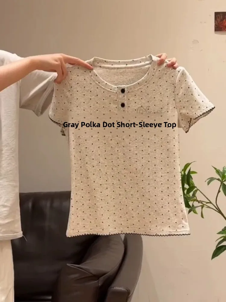 

Summer Slim Fit Short Sleeve T-Shirt Women's Pure Cotton Polka Dot Print Color Block Cute Style Casual round Neck Top