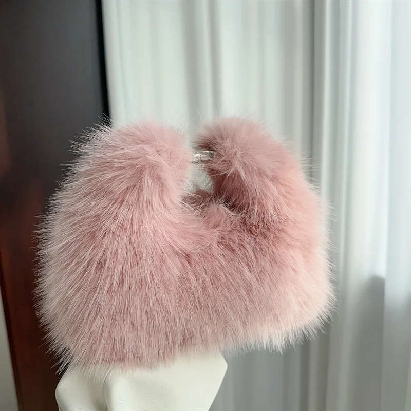 Simple Design Women Soft Plush Hobos Shoulder Bags Winter Furry Ladies Clutch Purse Handbag Fashion Female Underarm Evening Bag