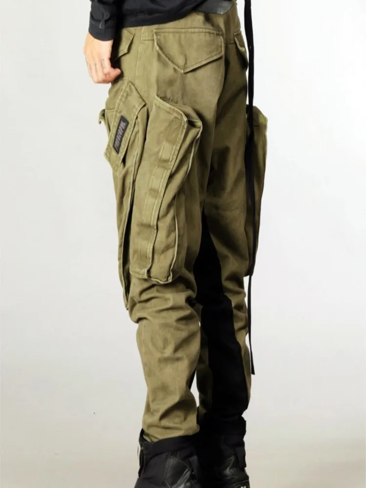 

Avant-Garde Dark Overalls Military Style Large Pocket Pants Washed Casual Trousers