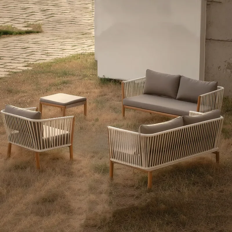4 Pieces Modern PE Rattan Hotel Outdoor Conversation Set Wicker Patio Sofa Chair Coffee Table Weather-Resistant Garden