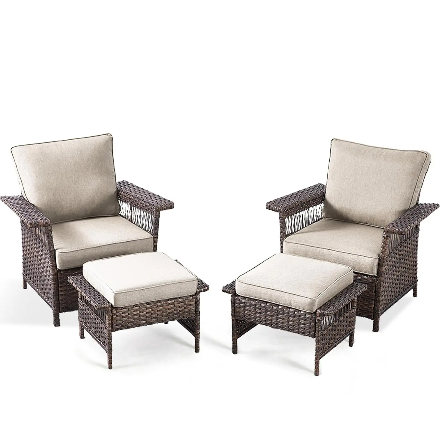 Hollow Widen Armrests Wicker Patio Chair Ottoman Set Outdoor Rattan Balcony Porch Deck Yard Furniture 4 Pieces, Customized
