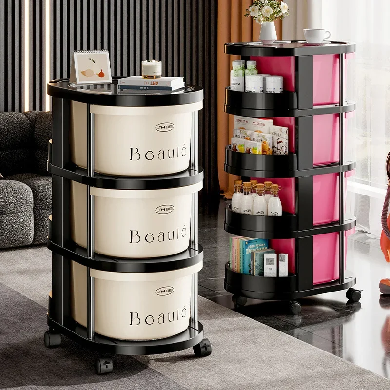 

Household floor-to-ceiling trolley rack Multi-layer snack storage shelf Multifunctional living room movable finishing rack
